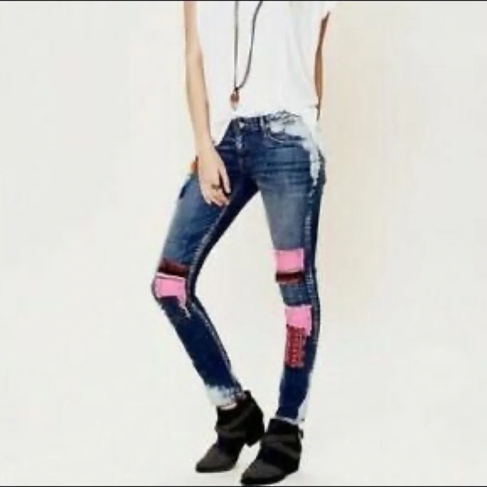 Free People Artisan De Luxe Patchwork Boho Distressed Acid Washed Denim Jeans